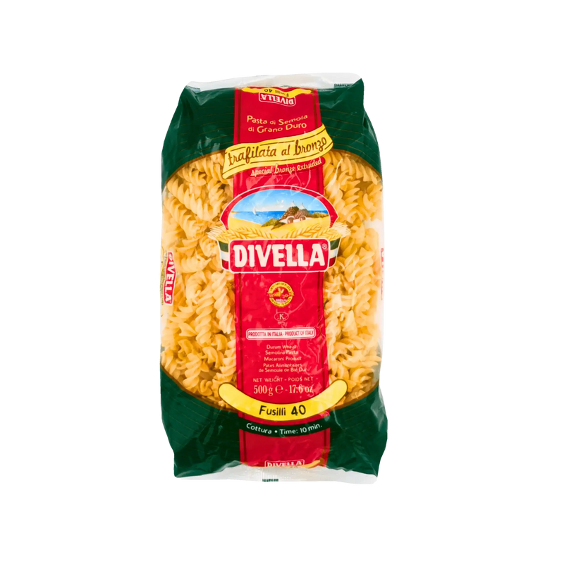 Paquet de pâtes courtes Fusilli N°40 de la marque Divella - 500g. Pâtes de semoule de blé dur, tréfilées au bronze pour une texture idéale.