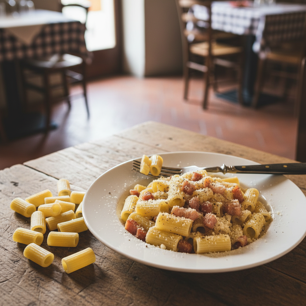 Mezzi Rigatoni Divella – Format N°18 (500 g) – mise en scène générée par IA à partir de la photo du produit