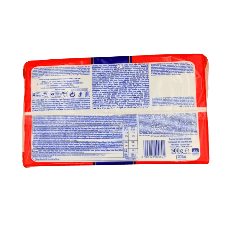 Dos du paquet de Paccheri Napoletani N°80 de Divella - Informations nutritionnelles et composition des pâtes courtes italiennes en semoule de blé dur, fabriquées en Italie - Poids 500g.