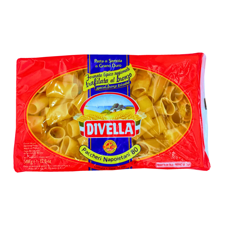 Paquet de Paccheri Napoletani N°80 de la marque Divella - Pâtes courtes italiennes en semoule de blé dur, format typique de la tradition napolitaine, extrusion au bronze - Poids 500g.