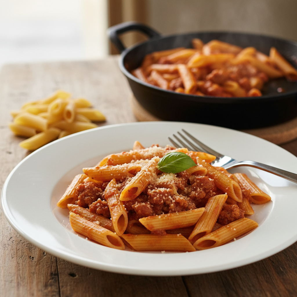 Penne Ziti Rigate Divella – Pâtes courtes n°27 (500 g) – mise en scène générée par IA à partir de la photo du produit