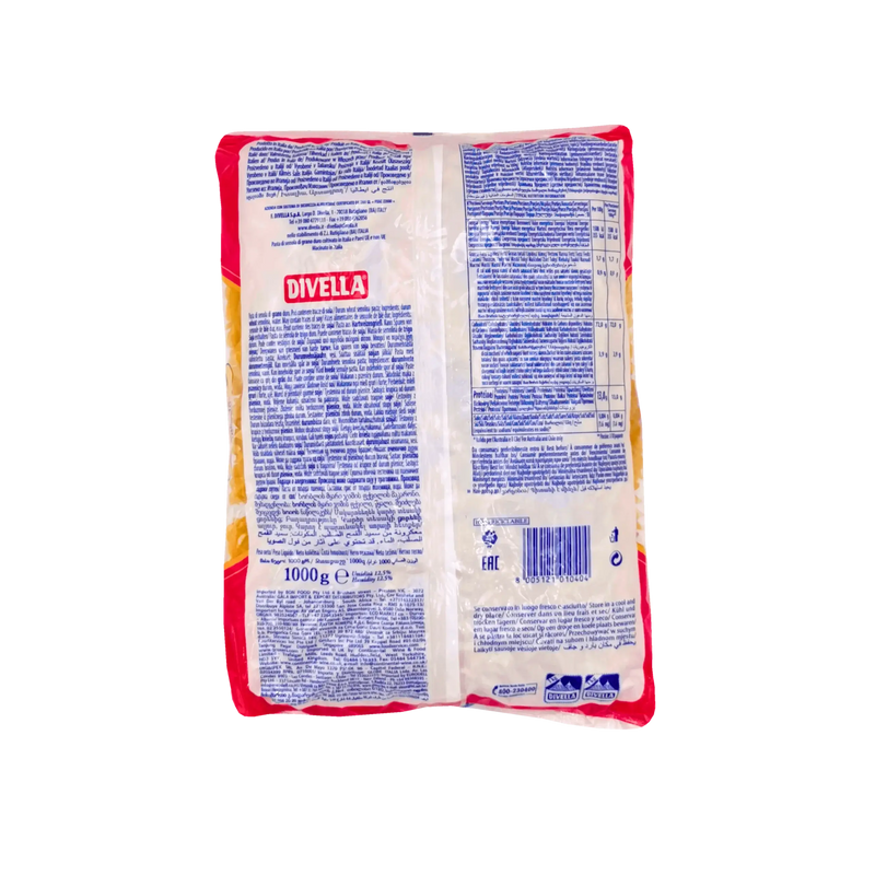 Pâtes Fusilli N°40 Divella - 1kg, informations nutritionnelles et composition détaillée sur l'emballage.