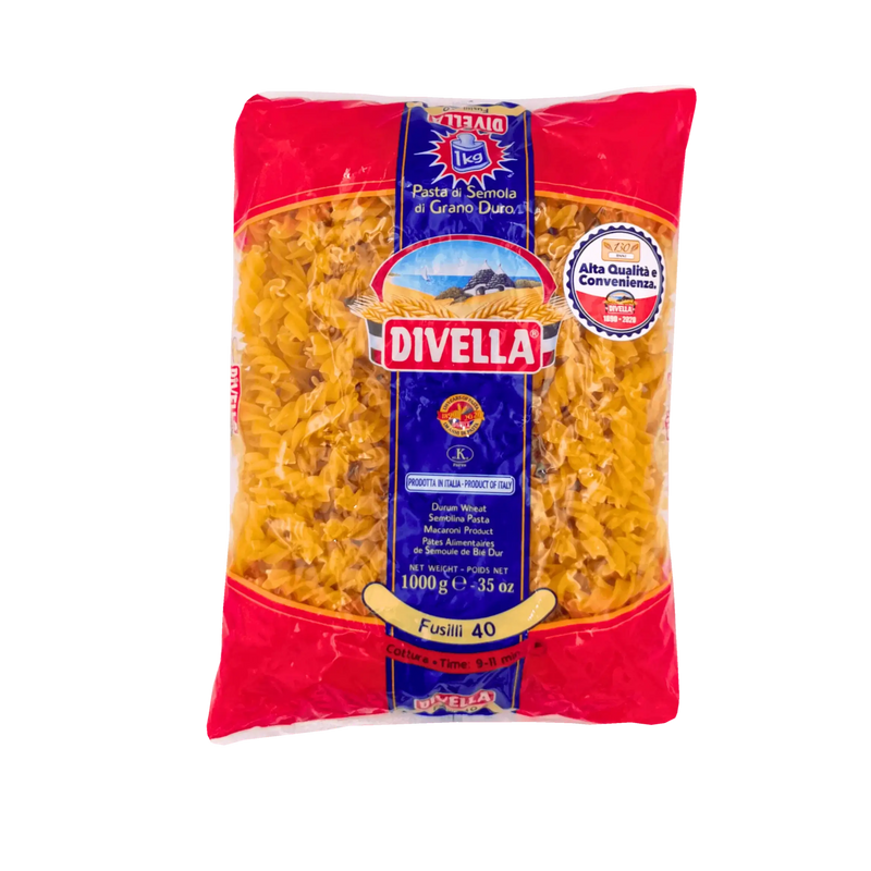 Pâtes Fusilli N°40 Divella - 1kg, torsadées et savoureuses, idéales pour accompagner vos sauces préférées.
