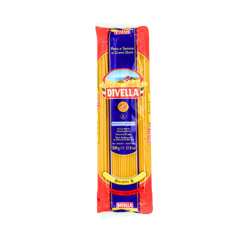 Pâtes longues Bucatini n°6 Divella 500g – Authentiques pâtes italiennes de semoule de blé dur, idéales pour la cuisine traditionnelle.