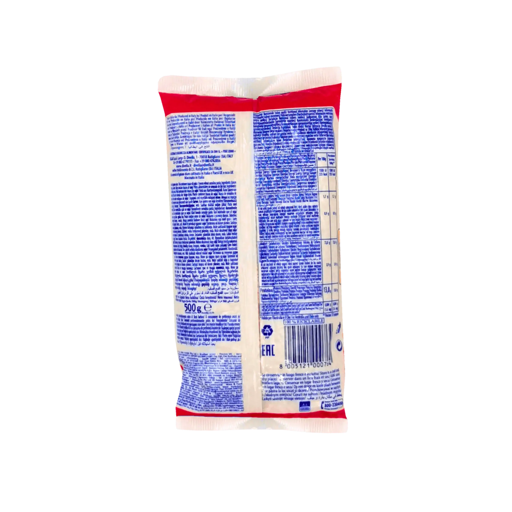 Achteraanzicht van het pakket van Corallini soep pasta N°76 van Divella - 500g, met de gedetailleerde voedingswaarden en ingrediënten.