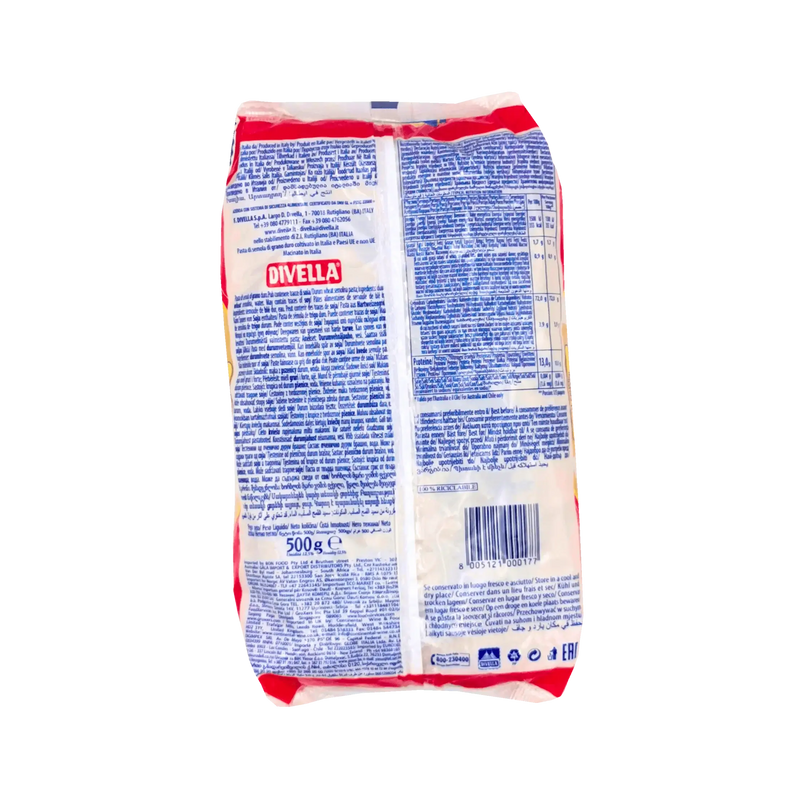 Dos du paquet de pâtes Rigatoni N°17 Divella 500g - Informations nutritionnelles et liste des ingrédients des pâtes italiennes en semoule de blé dur.
