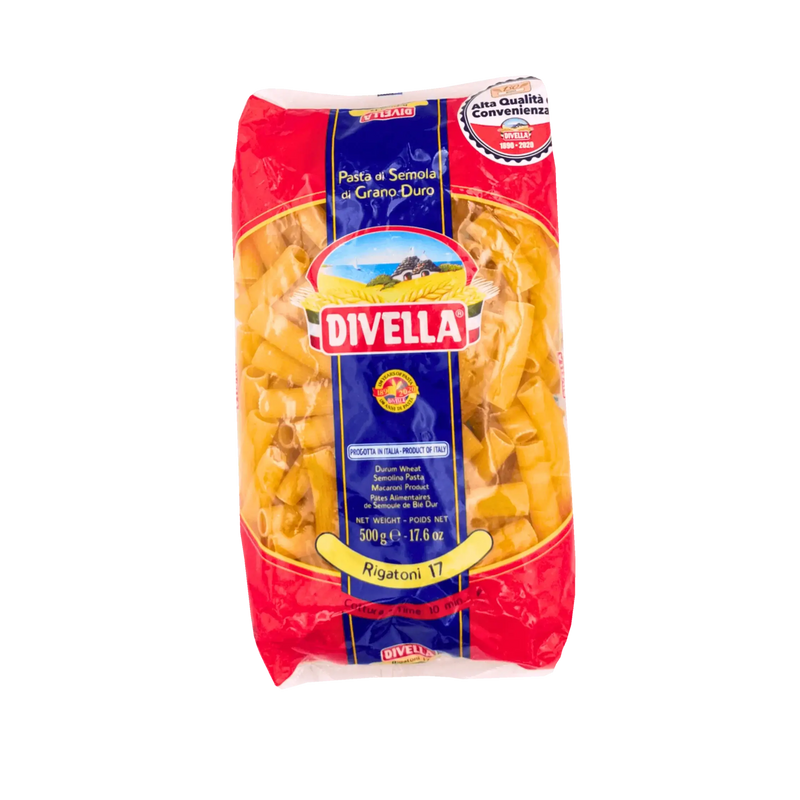 Paquet de pâtes Rigatoni N°17 Divella 500g - Pâtes italiennes en semoule de blé dur, emballage avant avec logo et design rouge et bleu.