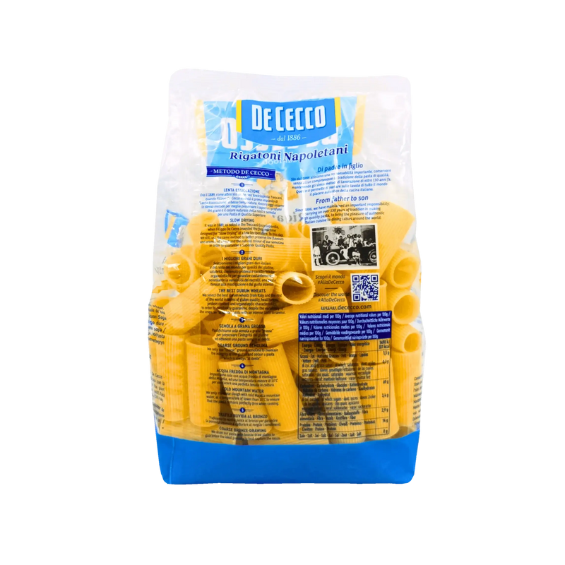 Dos du paquet de Rigatoni Napoletani N°124 De Cecco 500g - Informations nutritionnelles et détails sur la fabrication traditionnelle des pâtes italiennes.