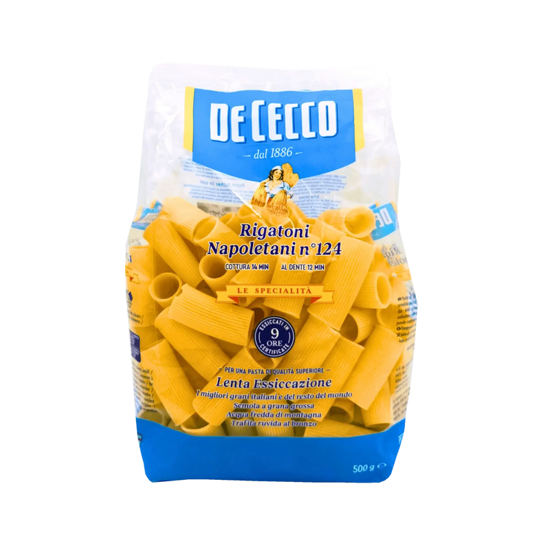 Paquet de Rigatoni Napoletani N°124 De Cecco 500g - Pâtes italiennes de qualité supérieure, semoule de blé dur, séchage lent et tréfilage au bronze.