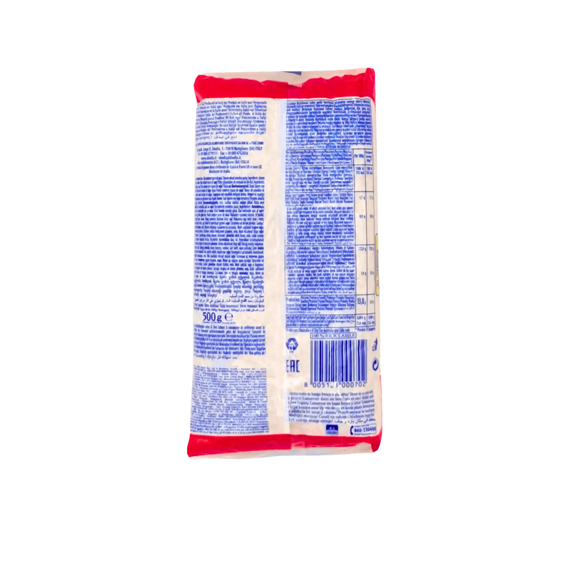 Dos du paquet de pâtes Rosmarino N°70 Divella 500g - Informations nutritionnelles et composition des pâtes italiennes en semoule de blé dur.