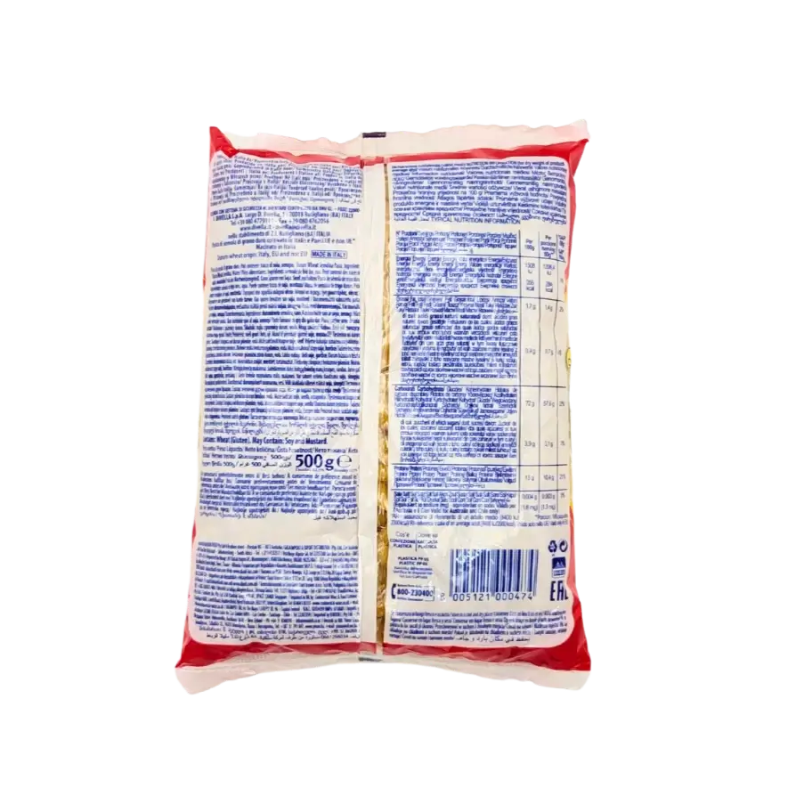 Rückseite der Verpackung von kurzen Rigatoni Divella Chifferini Rigati 500g mit Nährwertangaben.