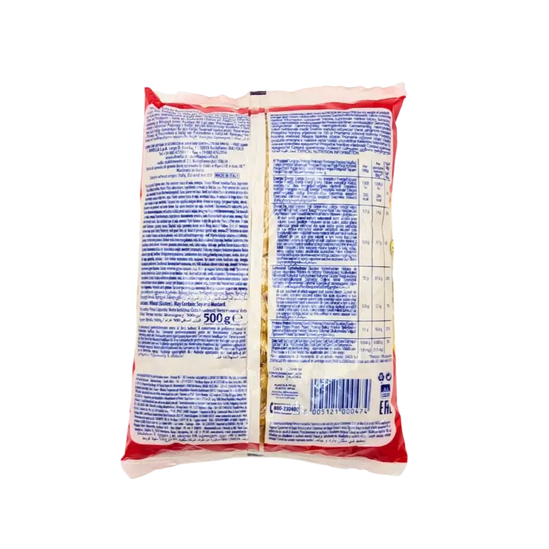 Dos du paquet de Pâtes courtes rigate Divella Chifferini Rigati 500g avec détails nutritionnels.