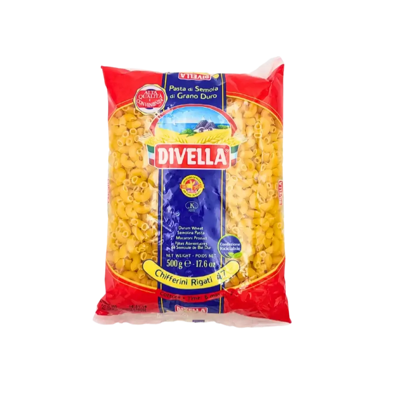 Pâtes courtes rigate Chifferini Rigati n°47 Divella 500g, emballage de pâtes italiennes en semoule de blé dur