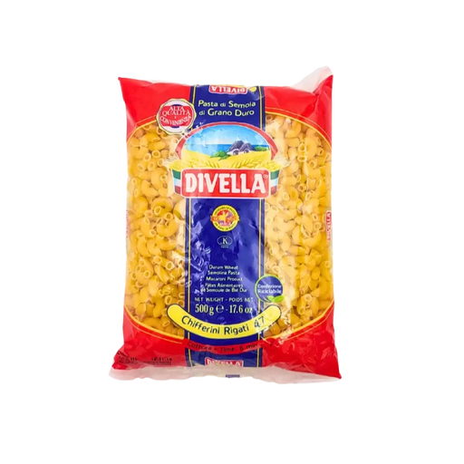 Pâtes courtes rigate Chifferini Rigati n°47 Divella 500g, emballage de pâtes italiennes en semoule de blé dur