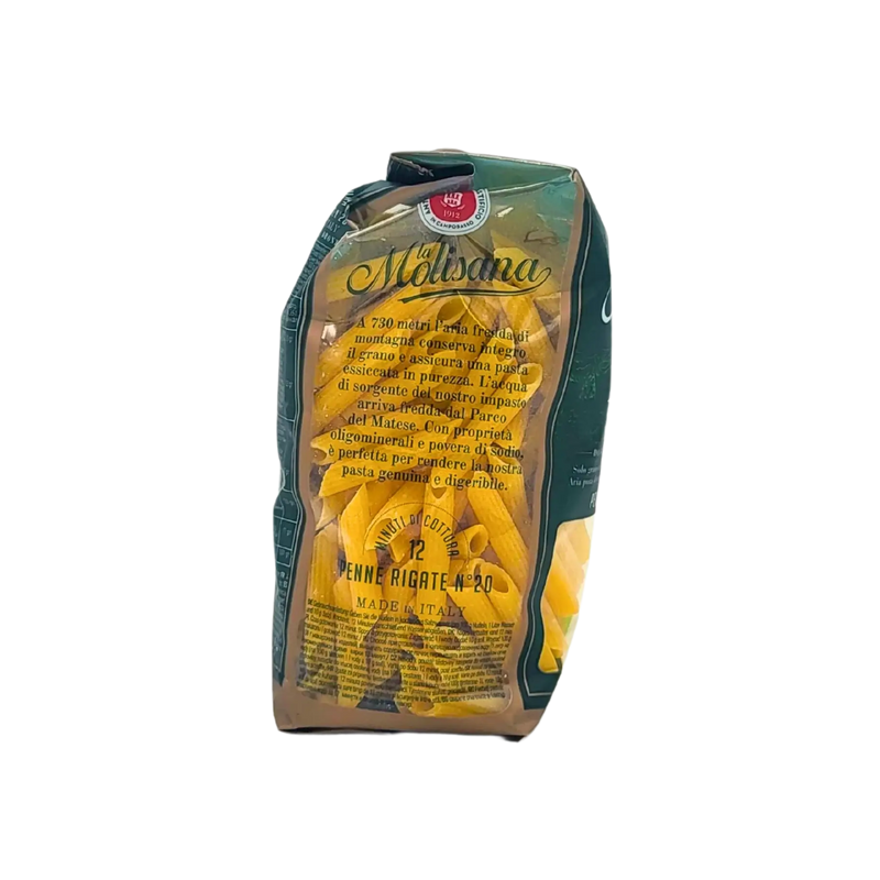 Vue latérale du paquet de Penne Rigate Bio Organic La Molisana 500g - Détails sur les pâtes biologiques italiennes.