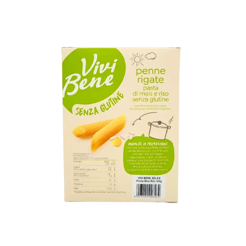Dos de l'emballage des penne rigate sans gluten Vivi Bene 400g, avec instructions et tableau nutritionnel.