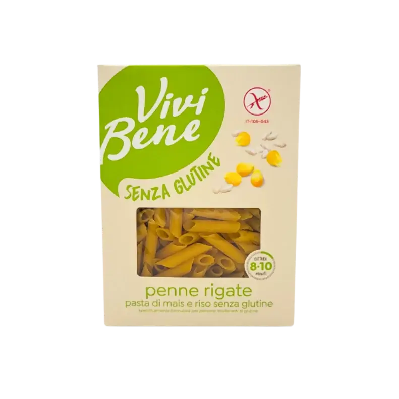 Vue avant du paquet de penne rigate sans gluten Vivi Bene 400g avec fenêtre transparente.