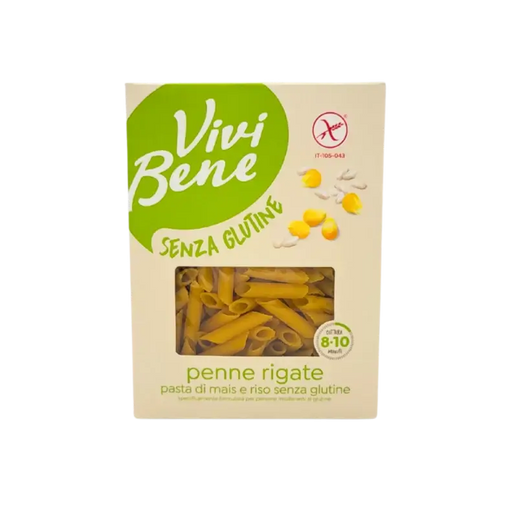 Vue avant du paquet de penne rigate sans gluten Vivi Bene 400g avec fenêtre transparente.
