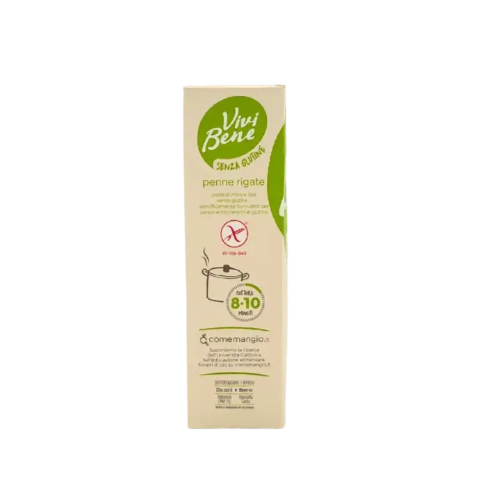 Côté du paquet de penne rigate sans gluten Vivi Bene avec instructions de cuisson.