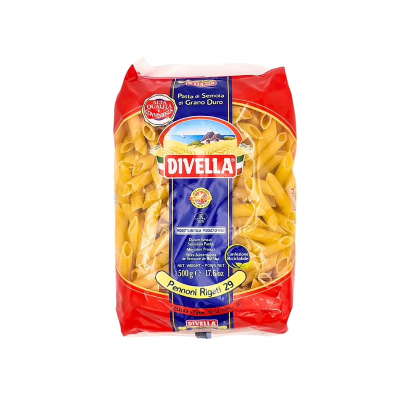 Pennoni Rigati Divella 500g - Pâtes tubulaires italiennes de semoule de blé dur, parfaites pour des recettes authentiques.