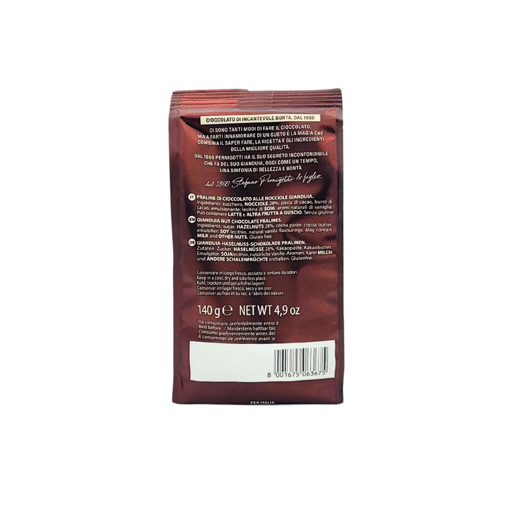 Rückseite der Verpackung Gianduiotto Pernigotti 140g dunkler Praliné-Schokolade, italienischer dunkler Praliné