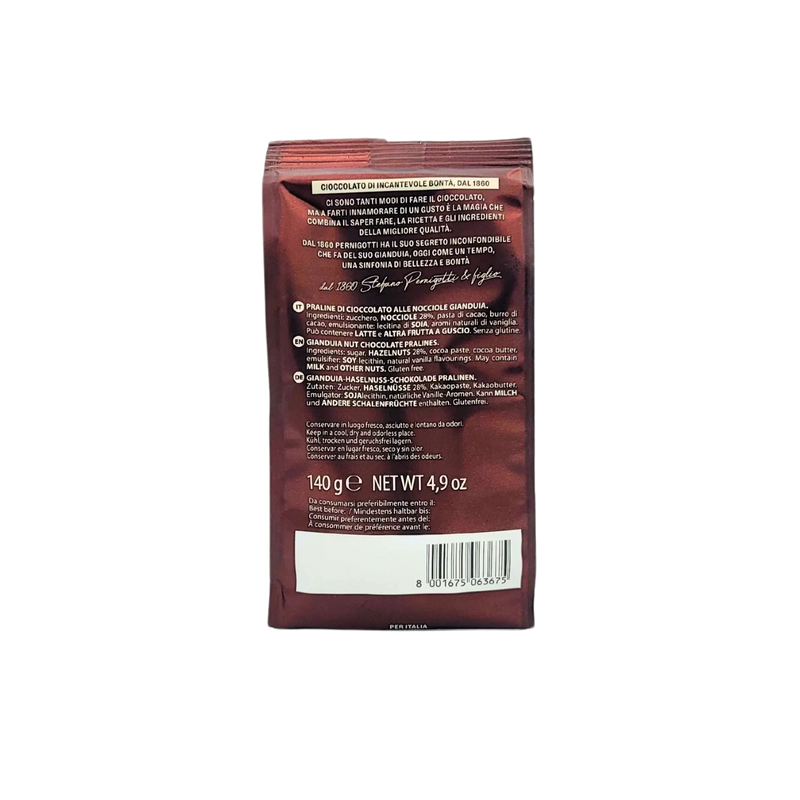 Dos du paquet Chocolat Noir Praliné Gianduiotto Pernigotti 140g, chocolat noir praliné italien