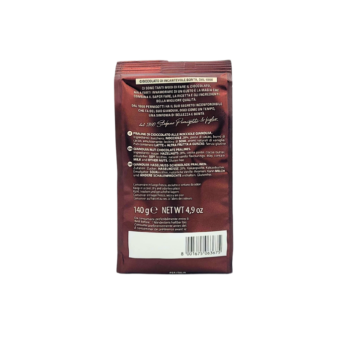 Dos du sachet de Gianduiotto Pernigotti 140g avec détails de fabrication et code-barres.