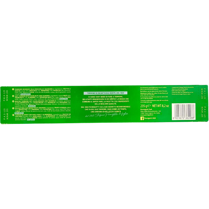 Emballage arrière du Torrone italien Pernigotti 235g avec informations nutritionnelles.