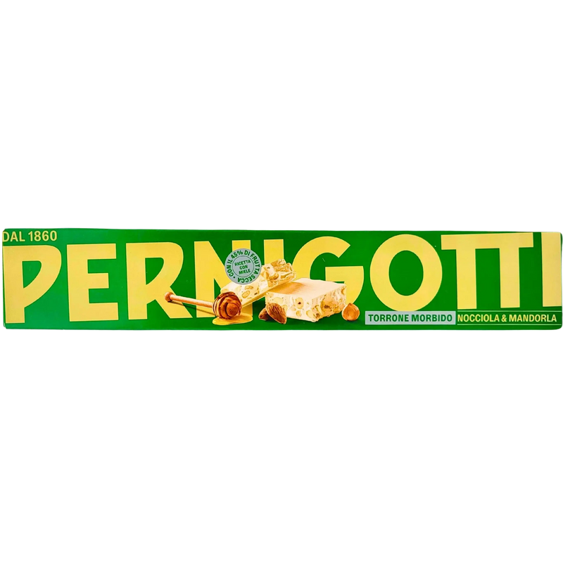 Torrone italien Pernigotti torrone morbido noisettes amandes 235g, confiserie italienne sans gluten emballage vert.