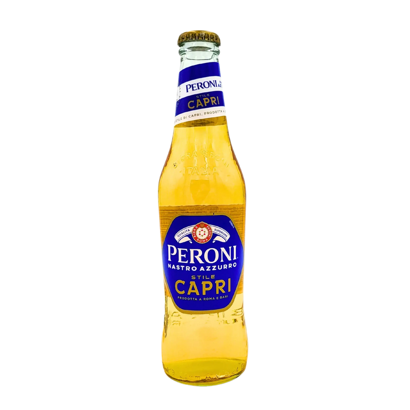 Bouteille de bière Peroni Nastro Azzurro Stile Capri 33cl face avant - Description de la bière italienne rafraîchissante avec des notes de citron et d'huile d'olive, dans une bouteille de 33cl.