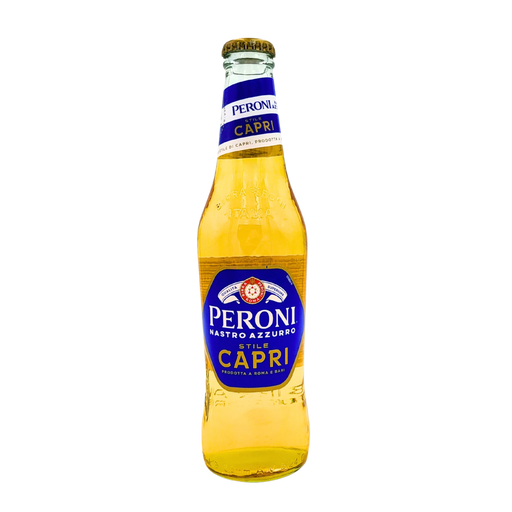 Bouteille de bière Peroni Nastro Azzurro Stile Capri 33cl face avant - Description de la bière italienne rafraîchissante avec des notes de citron et d'huile d'olive, dans une bouteille de 33cl.