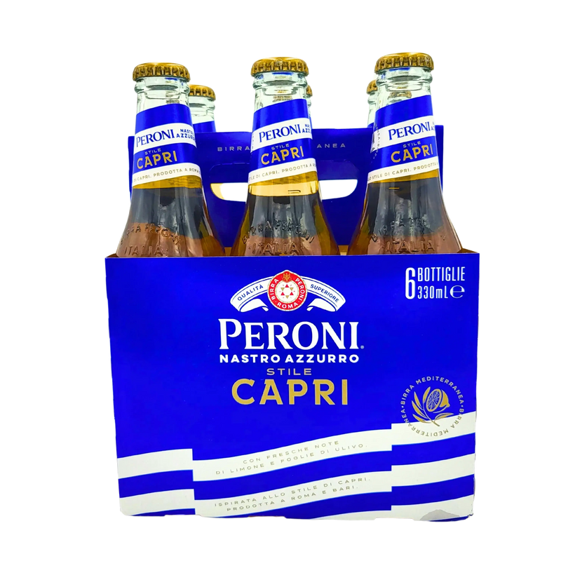 Pack de 6 bières Peroni Nastro Azzurro Stile Capri 33cl - Emballage de 6 bouteilles de 33cl de la bière italienne Peroni Nastro Azzurro, Stile Capri.