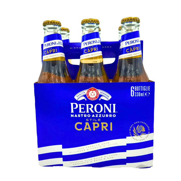 Pack de 6 bières Peroni Nastro Azzurro Stile Capri 33cl - Emballage de 6 bouteilles de 33cl de la bière italienne Peroni Nastro Azzurro, Stile Capri.