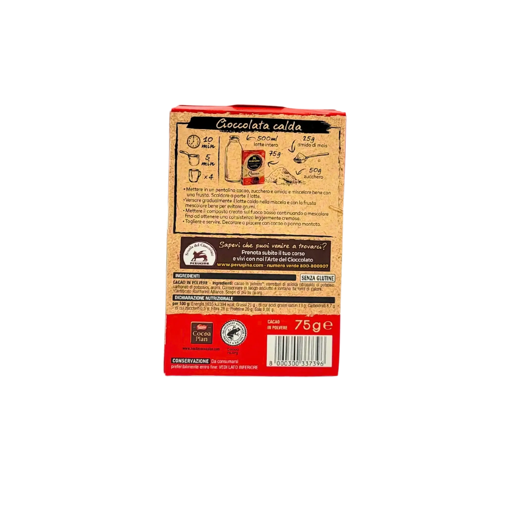 Rückseite des Perugina In Cucina Kakaos 75g mit Anweisungen und Nährwertinformationen.