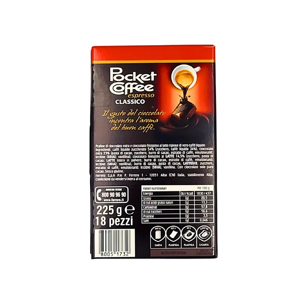 Face arrière de la boîte Pocket Coffee espresso 225g, avec détails des ingrédients, informations nutritionnelles et description du produit.