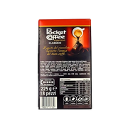 Face arrière de la boîte Pocket Coffee espresso 225g, avec détails des ingrédients, informations nutritionnelles et description du produit.