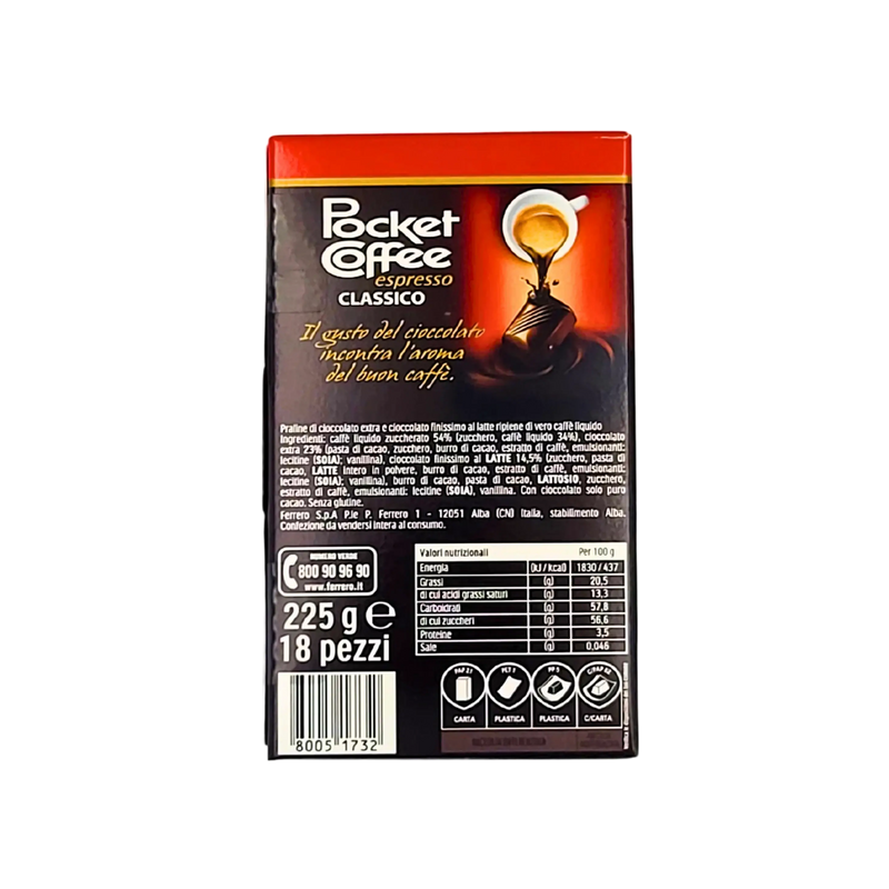Face arrière de la boîte Pocket Coffee espresso 225g, avec détails des ingrédients, informations nutritionnelles et description du produit.