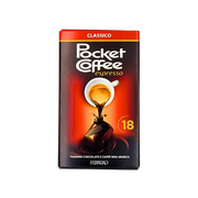 Face avant de la boîte Pocket Coffee espresso 225g, 18 pièces, combinant du chocolat fin et du café 100% Arabica, produit par Ferrero.