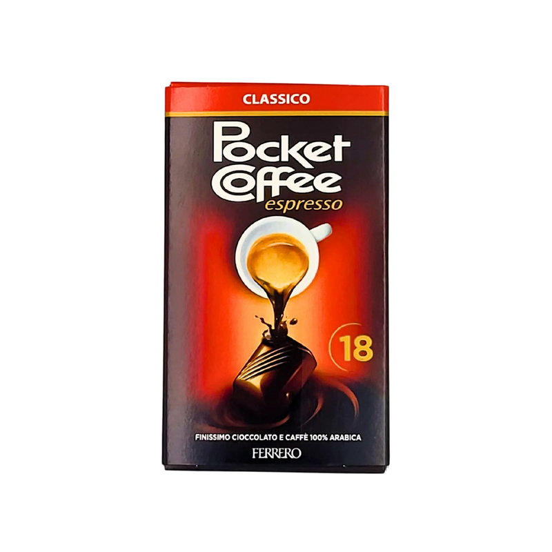 Face avant de la boîte Pocket Coffee espresso 225g, 18 pièces, combinant du chocolat fin et du café 100% Arabica, produit par Ferrero.