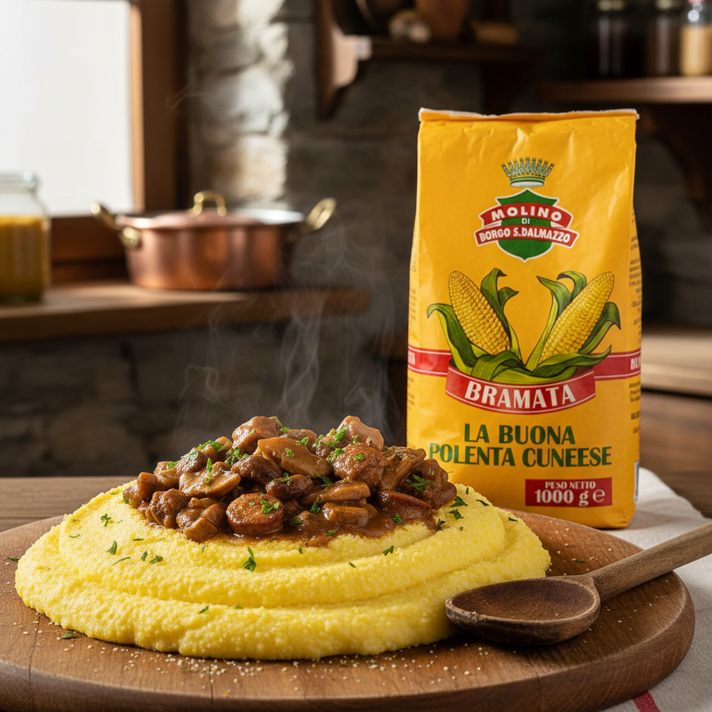 Polenta Bramata Molino di Borgo - Mouture épaisse (1 kg) – mise en scène générée par IA à partir de la photo du produit