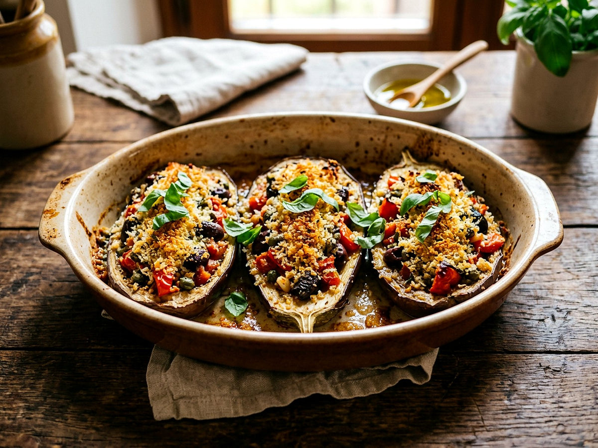 Barquettes d'aubergines farcies aux olives, câpres et tomate