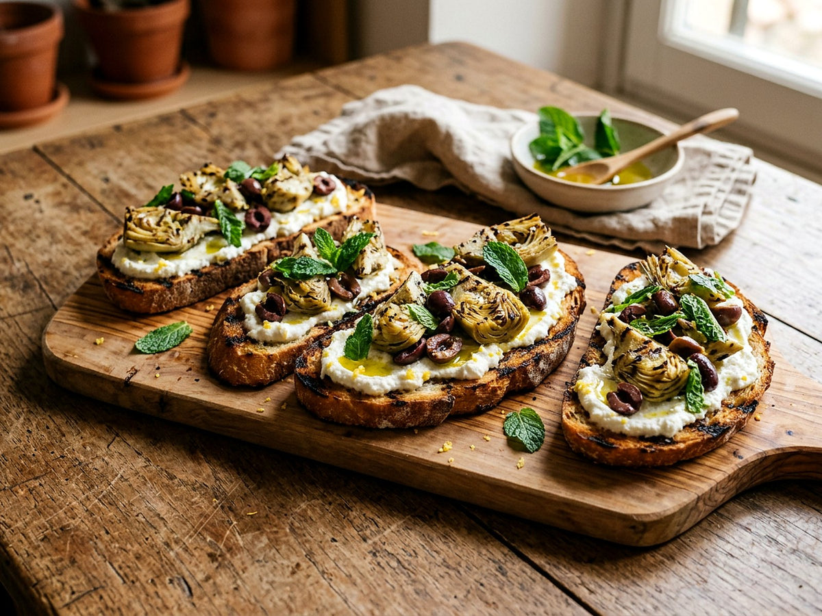 Bruschette à la ricotta citronnée, artichauts grillés et olives
