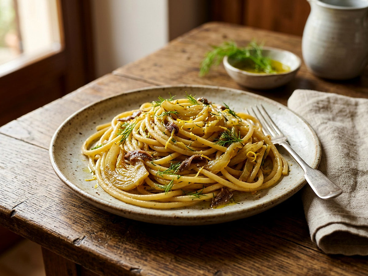Bucatini au fenouil, anchois et citron