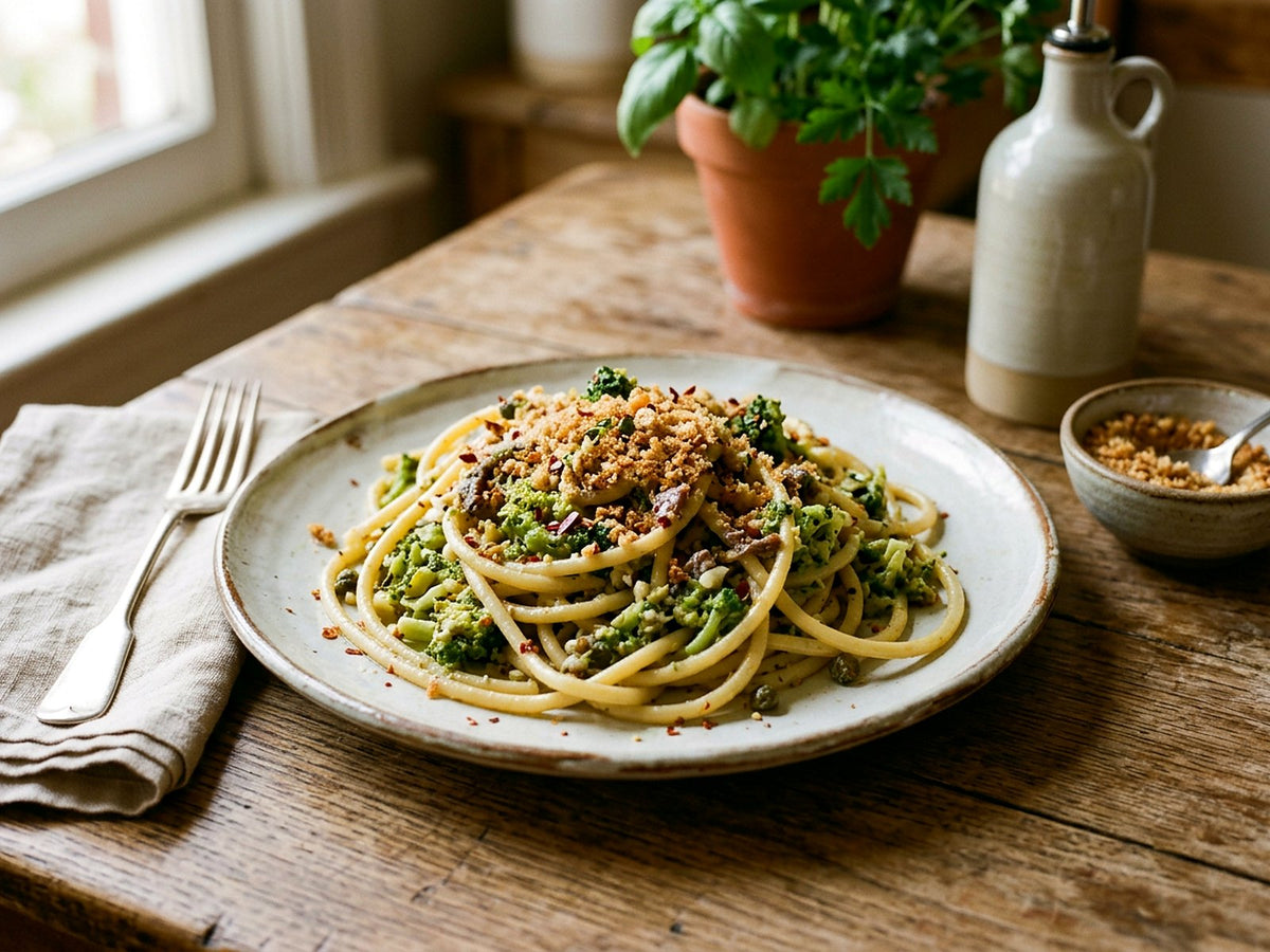 Bucatini aux brocolis, anchois et chapelure dorée