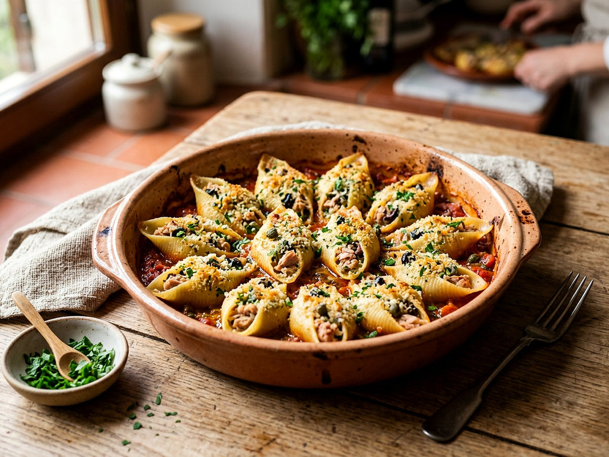 Conchiglioni farcis au thon, câpres et olives