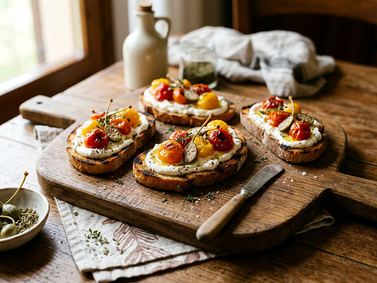 Crostini à la ricotta, tomates cerises rôties et câprons