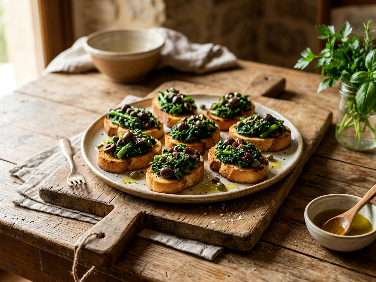 Crostini aux friarielli sautés, olives et câpres