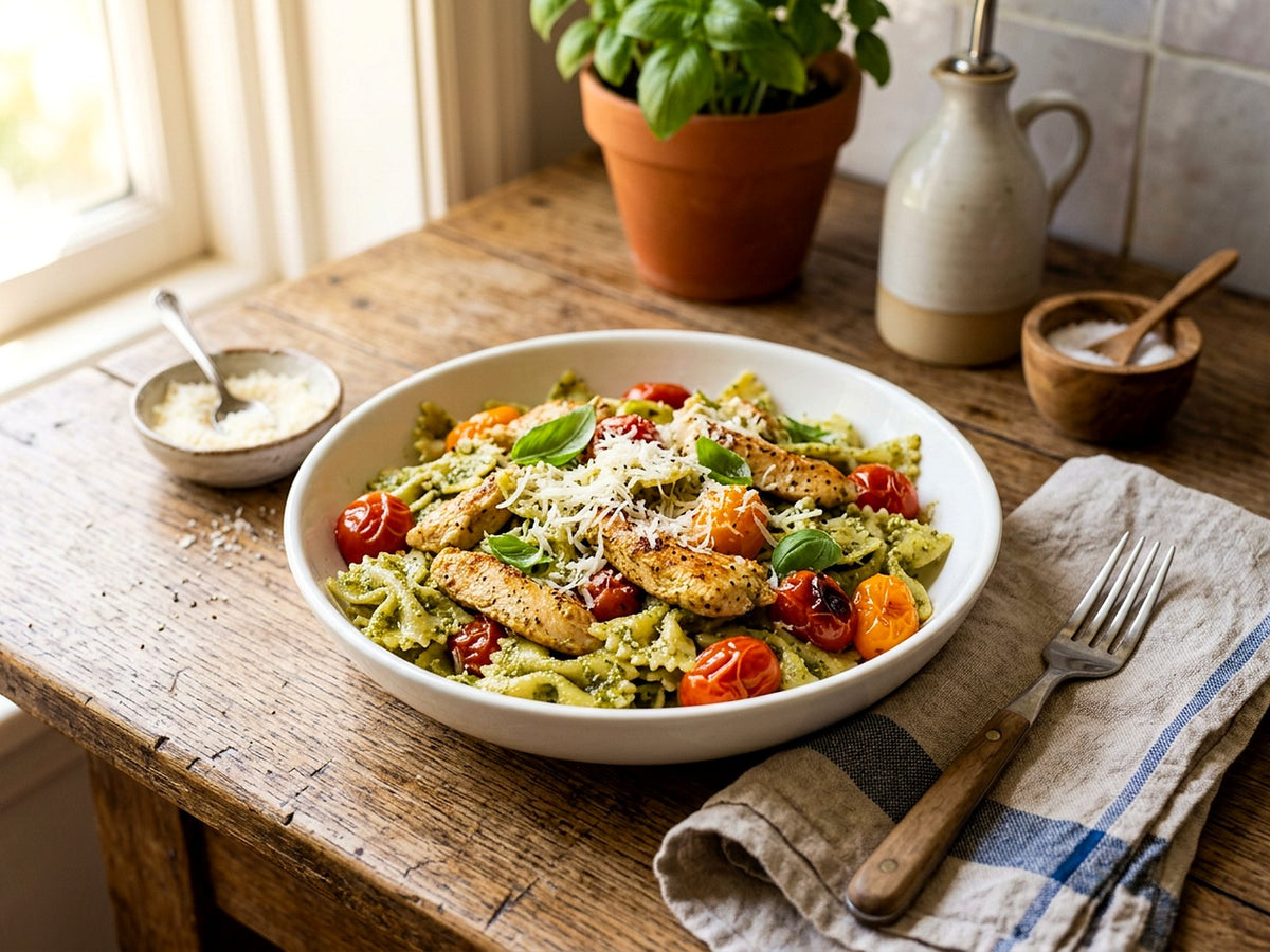 Farfalle au poulet, pesto et tomates cerises