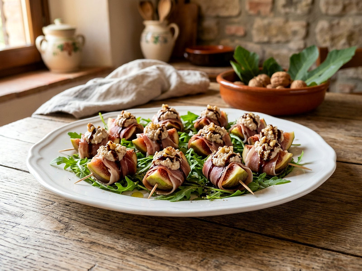 Figues au jambon cru et à la crème de noix, réduction de balsamique