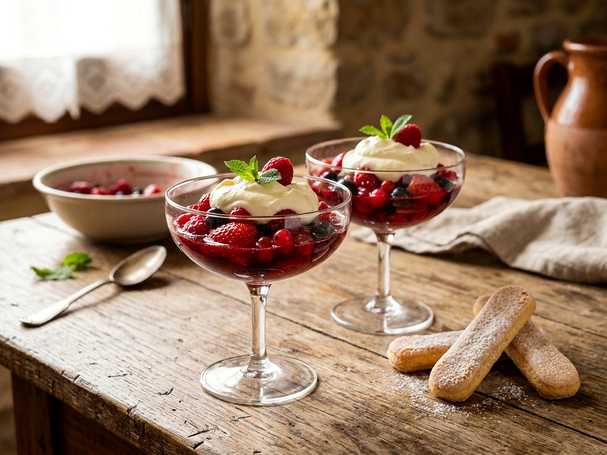 Fruits rouges au lambrusco, crème de mascarpone et biscuits à la cuillère